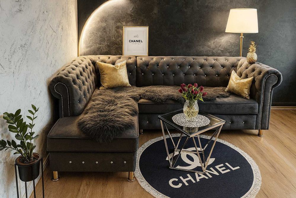 Narożnik Chesterfield rogówka Glamour z kryształkami