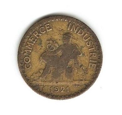 Монета Франция 1 франк 1921, XF-VF