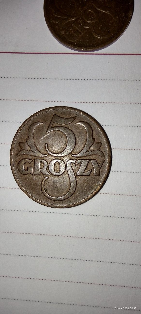 Moneta monety Polska 2 grosze oraz 5, znak WJ, herb Kościesza