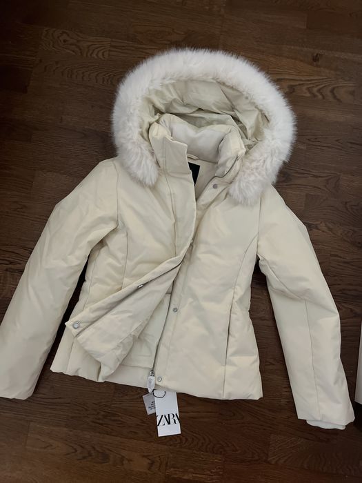 Zara kremowa kurtka zimowa puchowa xs nowa z kapturem