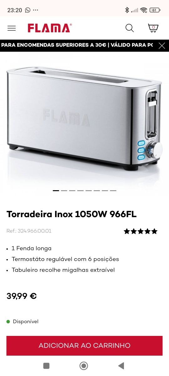 Torradeira flama 966fl, nova