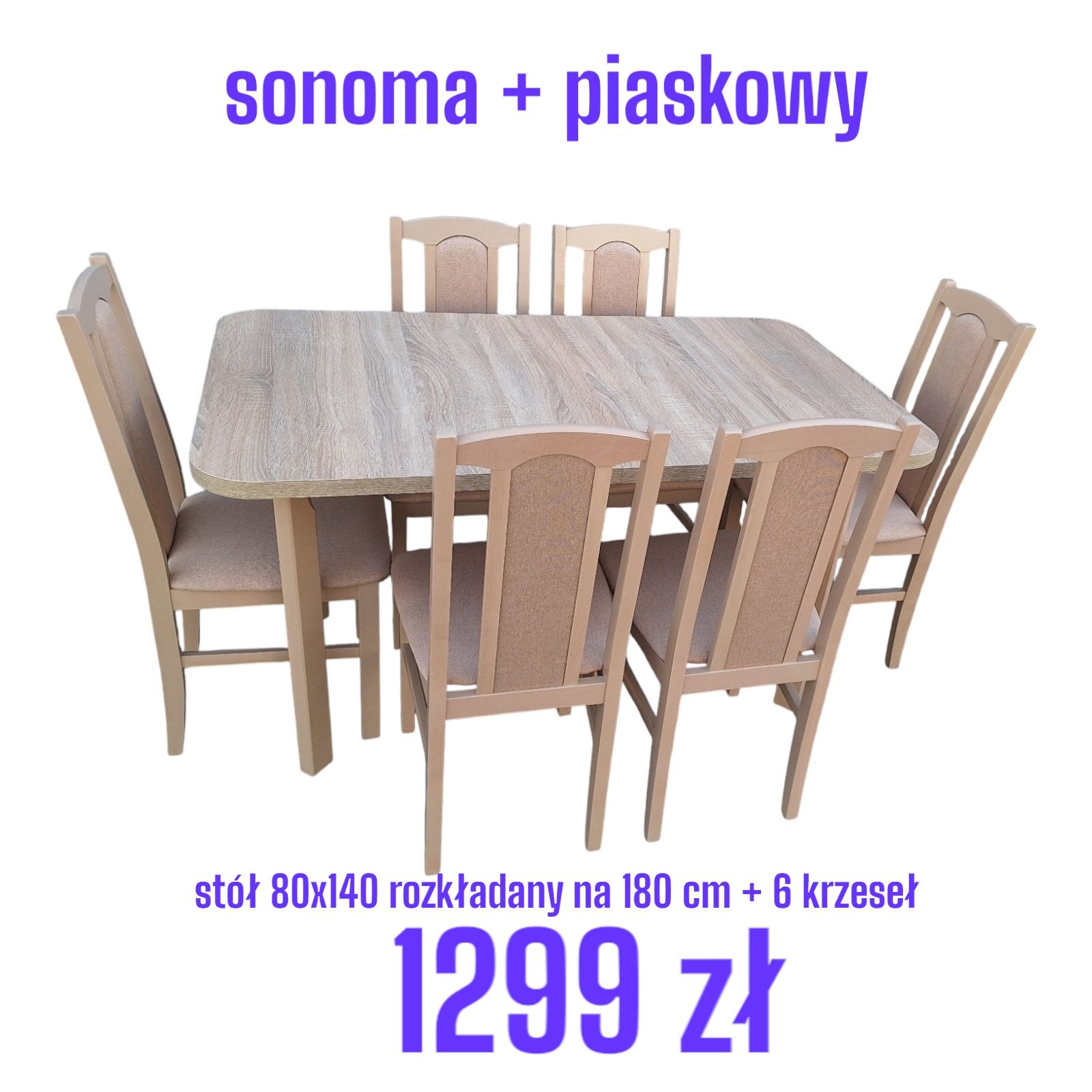Nowe: Stół i 6 krzeseł, sonoma + piaskowy, dostawa cała POLSKA