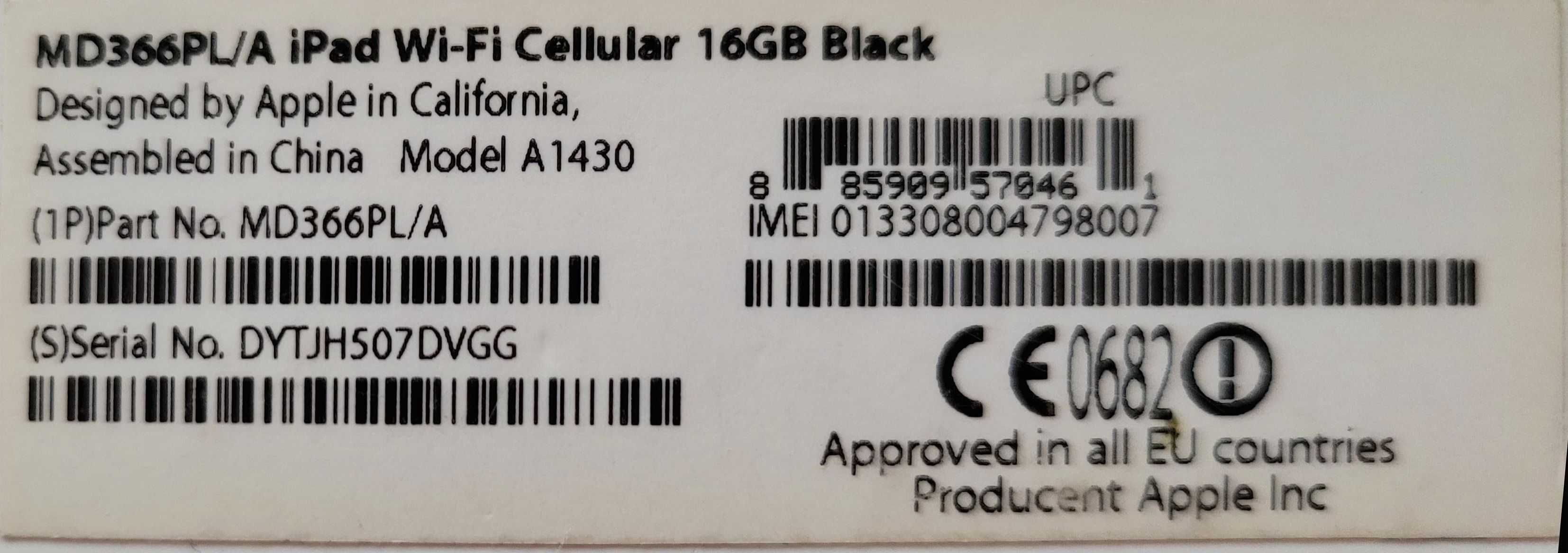 MD366PL/A iPad A1430 Wi-Fi Cellular 16GB Black [brak blokad, SIM]