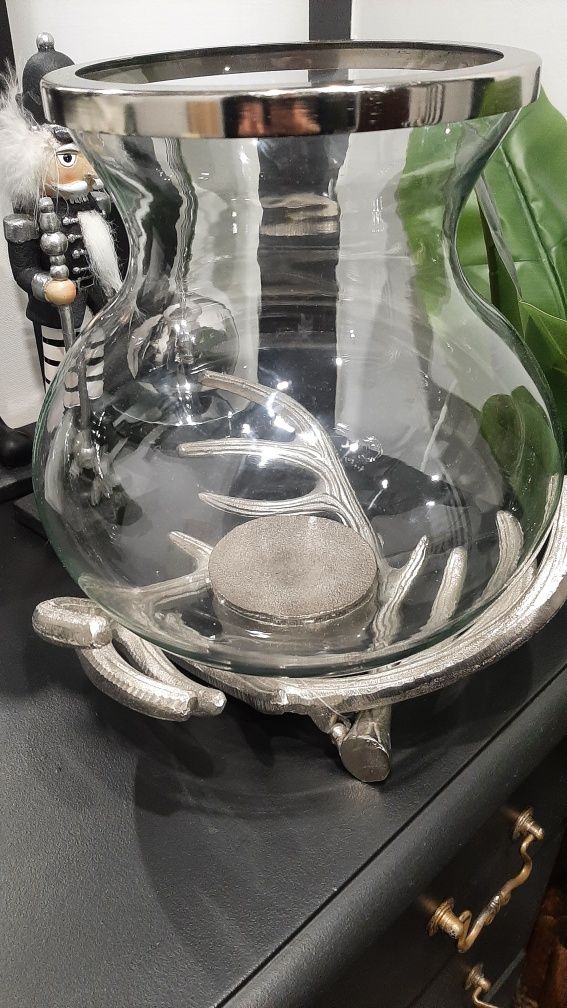 Swiecznik lampion XL poroże renifera szklo plus metal
