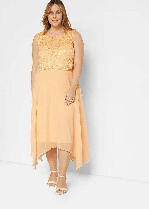 B.P.C sukienka szyfonowa asymetryczna morelowa z koronką r.40