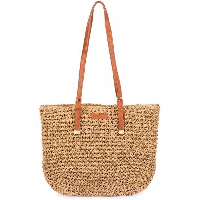 Brązowa Torba plażowa duża na lato rączki suwak solidna plecionka