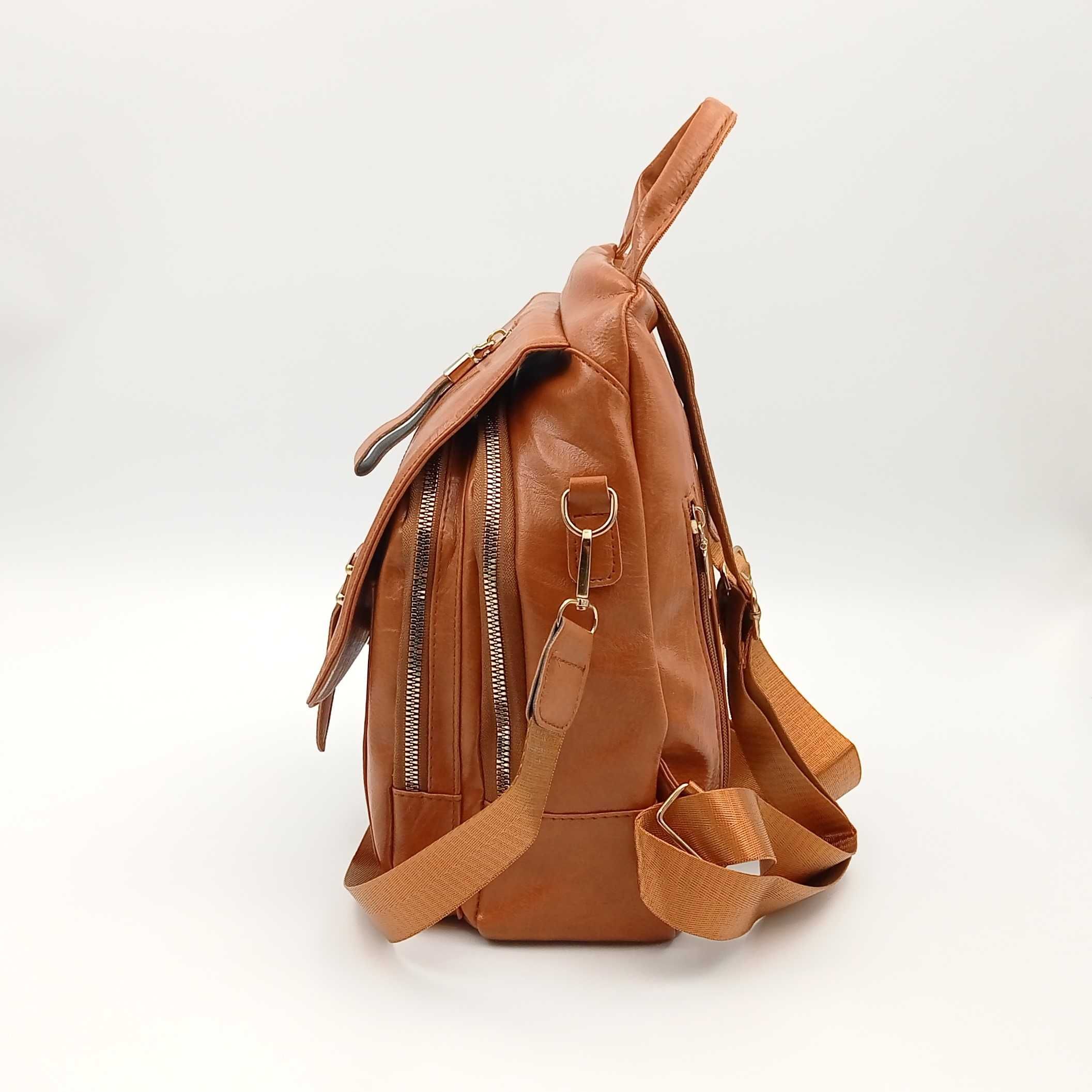 Plecak damski skórzany z klapą Mochila Bolsos brąz