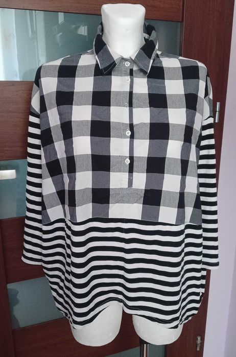 Czarno biała bluzka koszula kratka paski oversize gyaru emo punk skate