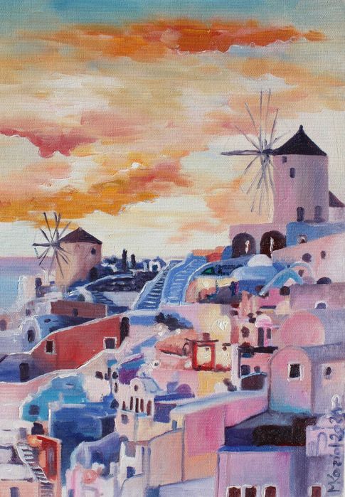 Obraz olejny na panelu malarskim GRECJA- Santorini  21cmx30cm