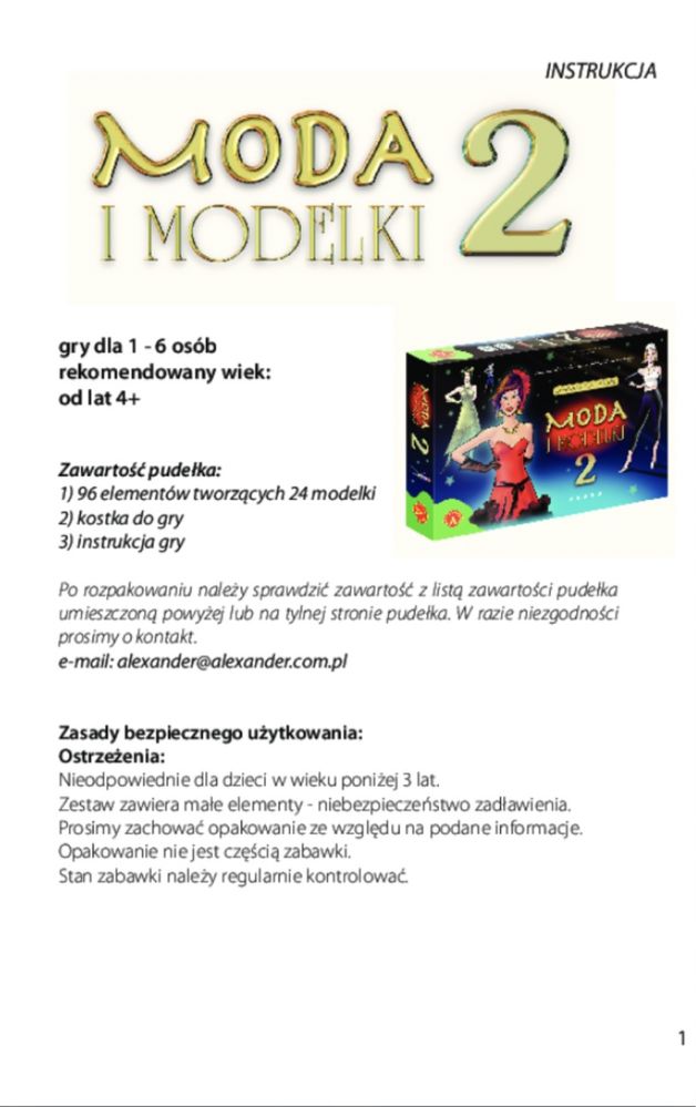 Moda i modelki gra planszowa Alexander
