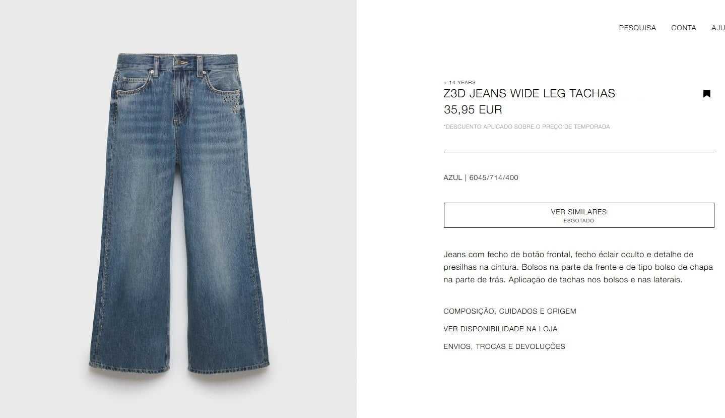 Jeans Zara coleção Z3D XS (13-14 anos) - Novas com etiqueta