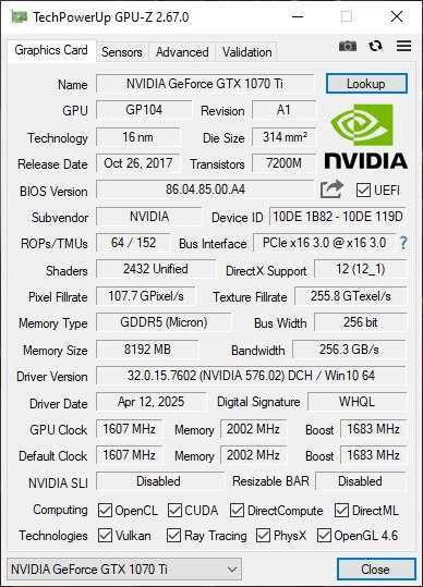 Відеокарта NVIDIA GeForce GTX 1070Ti 8GB 256BIT
