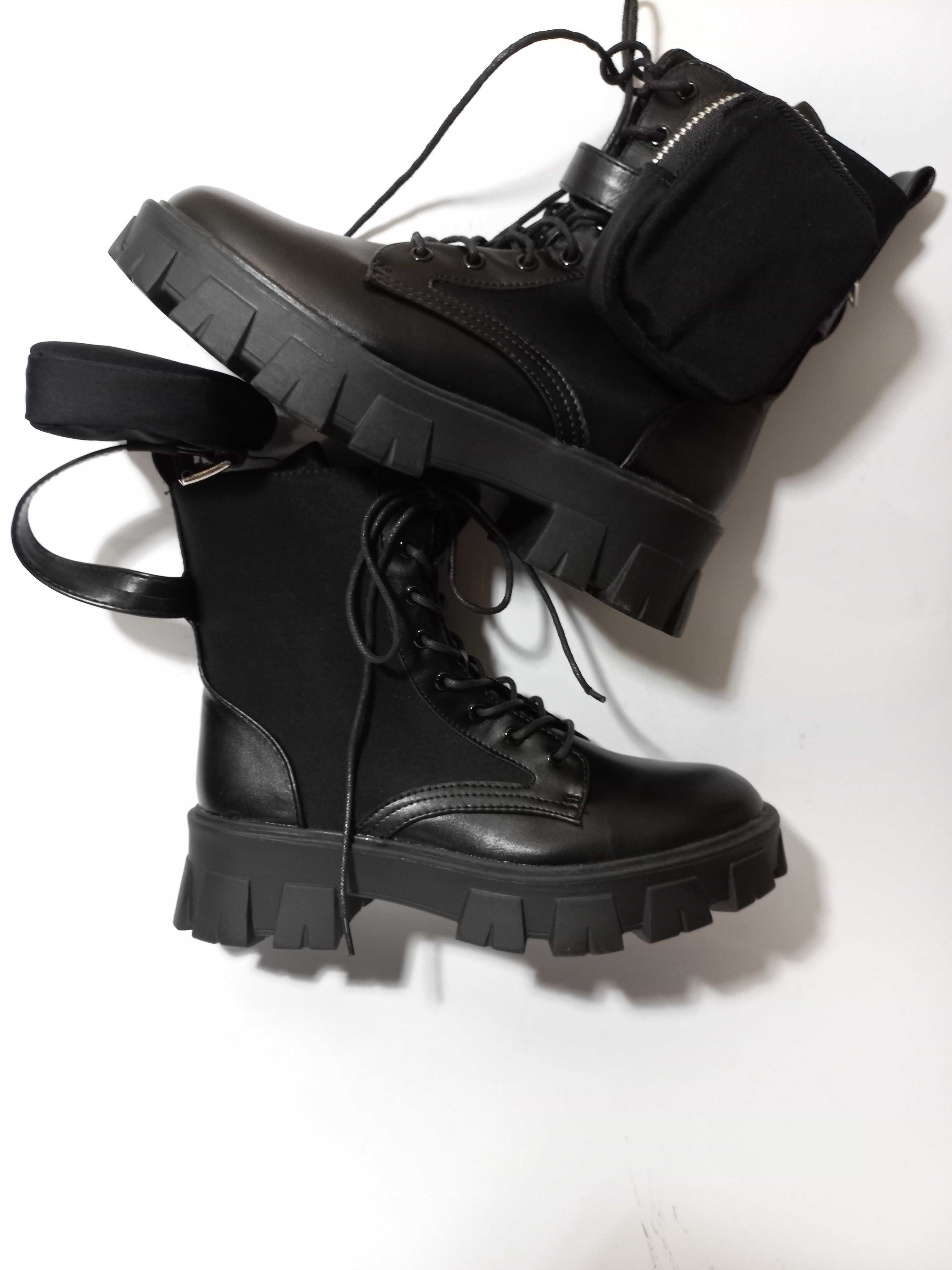 buty wysokie czarne techwear goth gothic militarne gruba podeszwa 38