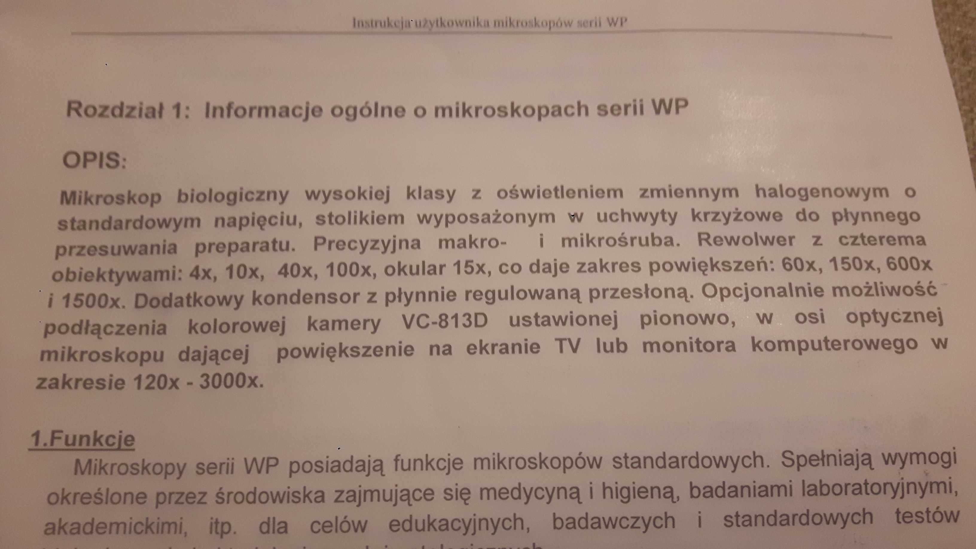 Nowy biologiczny  mikroskop szkolny WP 60 - 1500 x