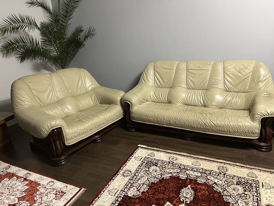 komplet mebli wypoczynkowych 3 szt drewno + skóra