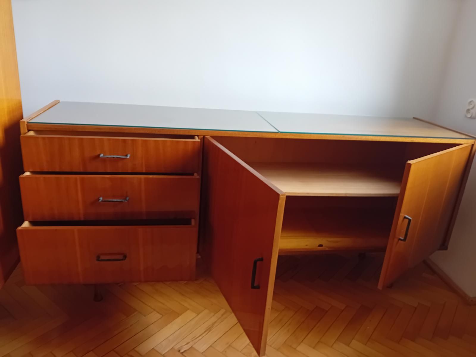 Komoda PRL • 3 szuflady + szafka • Szklany blat • Unikat