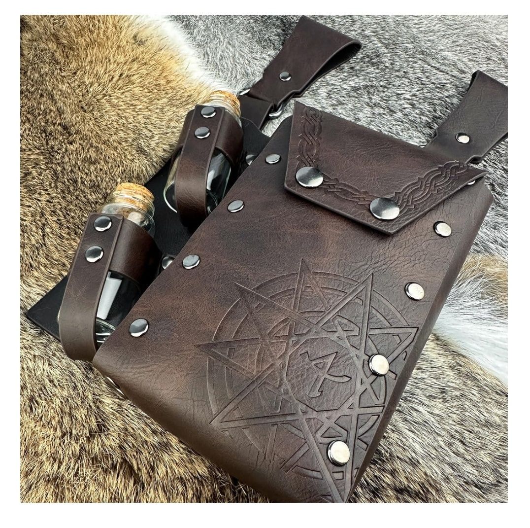 HiiFeuer Medieval Alchemy PU Skórzana torba na pasek z 4 fiolkami z mi