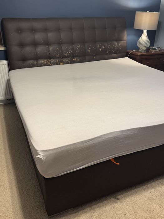 Łóżko kontynentalne 200 x 200 , eco skora, brązowe, gleboki pojemnik