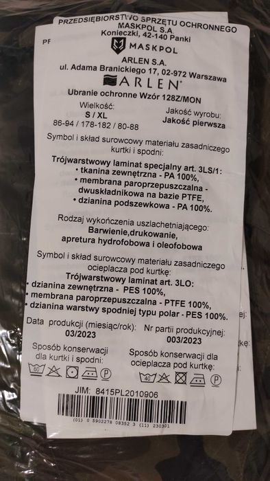 NOWY KOMPLET Ubranie Ochronne GORETEX wz. 128Z/MON rozm. S/XL
