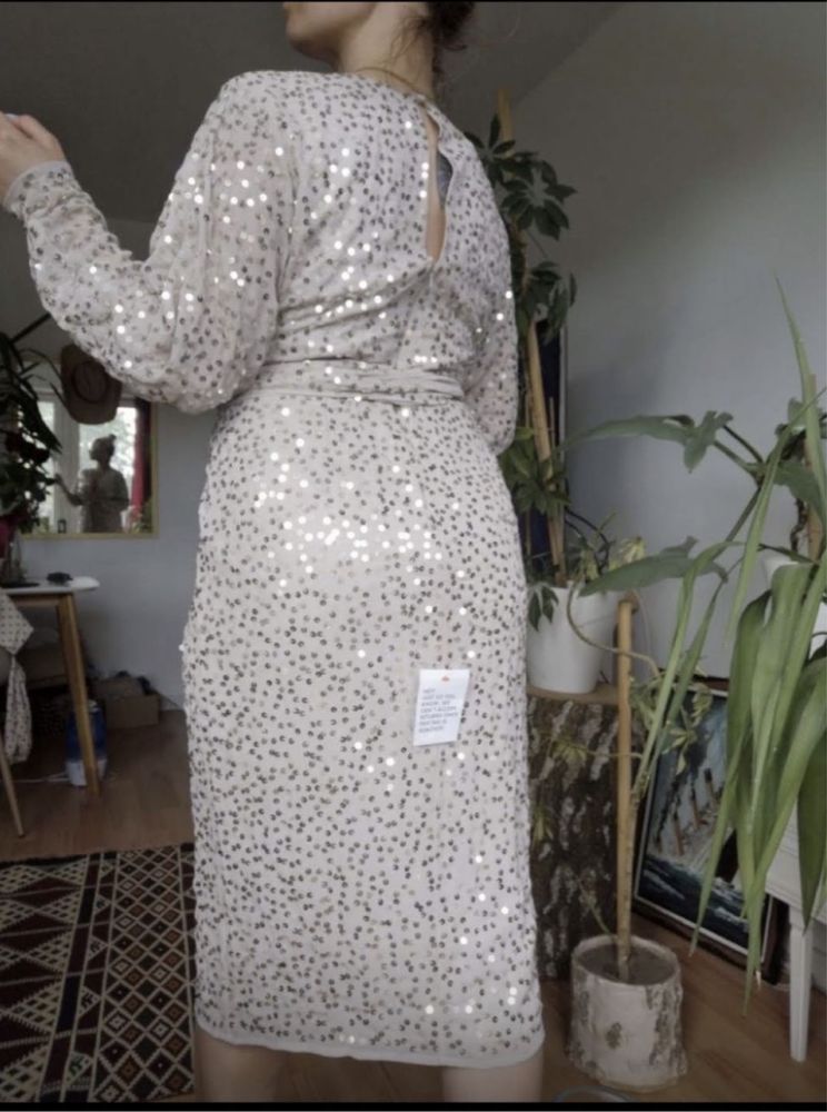Beżowa cekinowa sukienka midi kimono 40 L asos