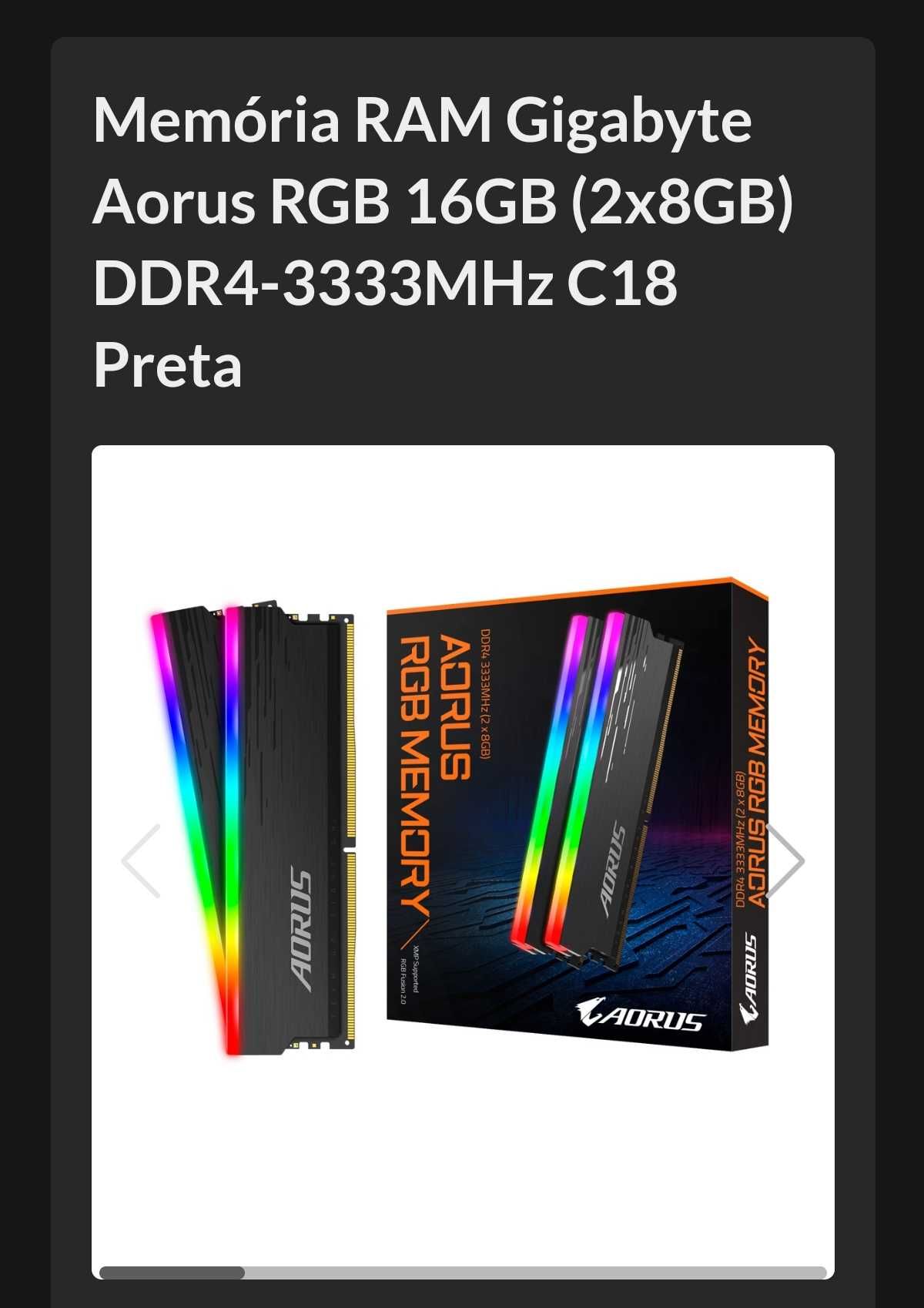 Memória RAM Gigabyte Aorus RGB 16GB (2x8GB) DDR4-3333MHz C18 Preta