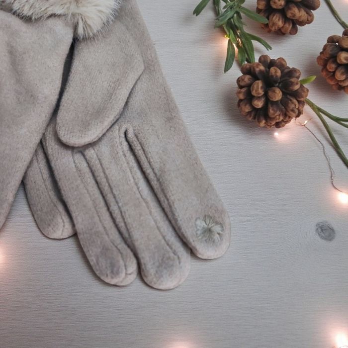 Beżowe rękawiczki damskie LGC Fashion z futerkiem eleganckie zimowe