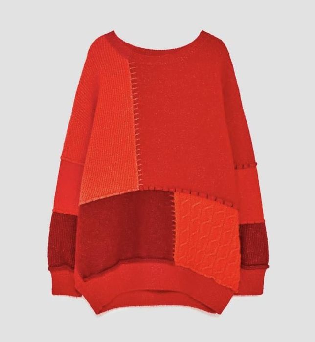 Яскравий червоний оверсайз печворк светр zara вʼязаний