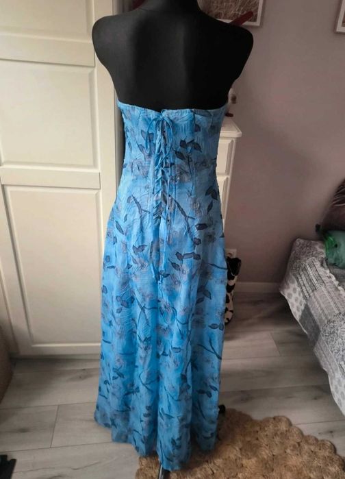 Niebieska sukienka do ziemi, sukienka bez ramiączek, r. M-XL