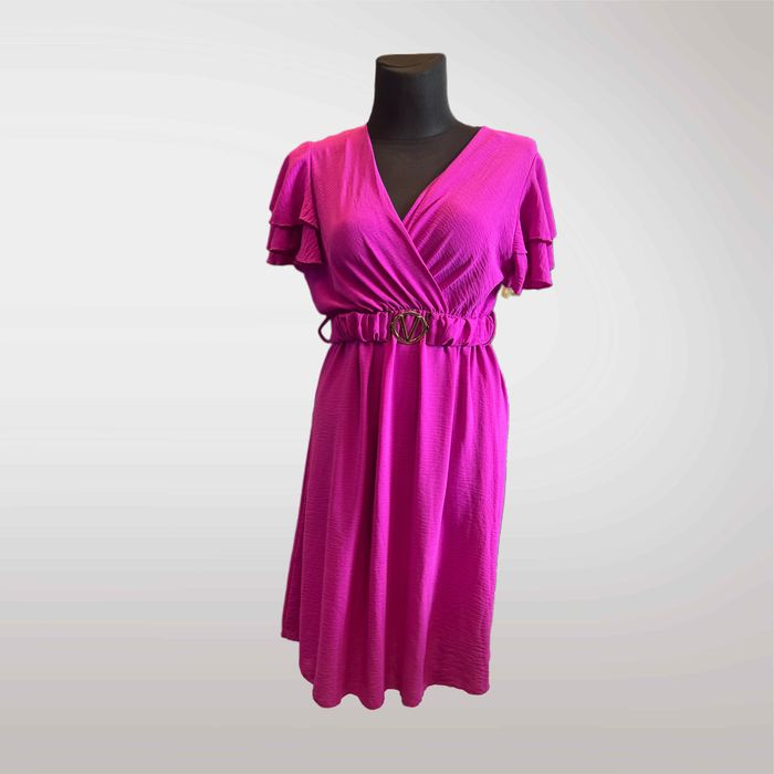 Sukienka Midi Kopertowa Pasek Falbany Lato Fuksja