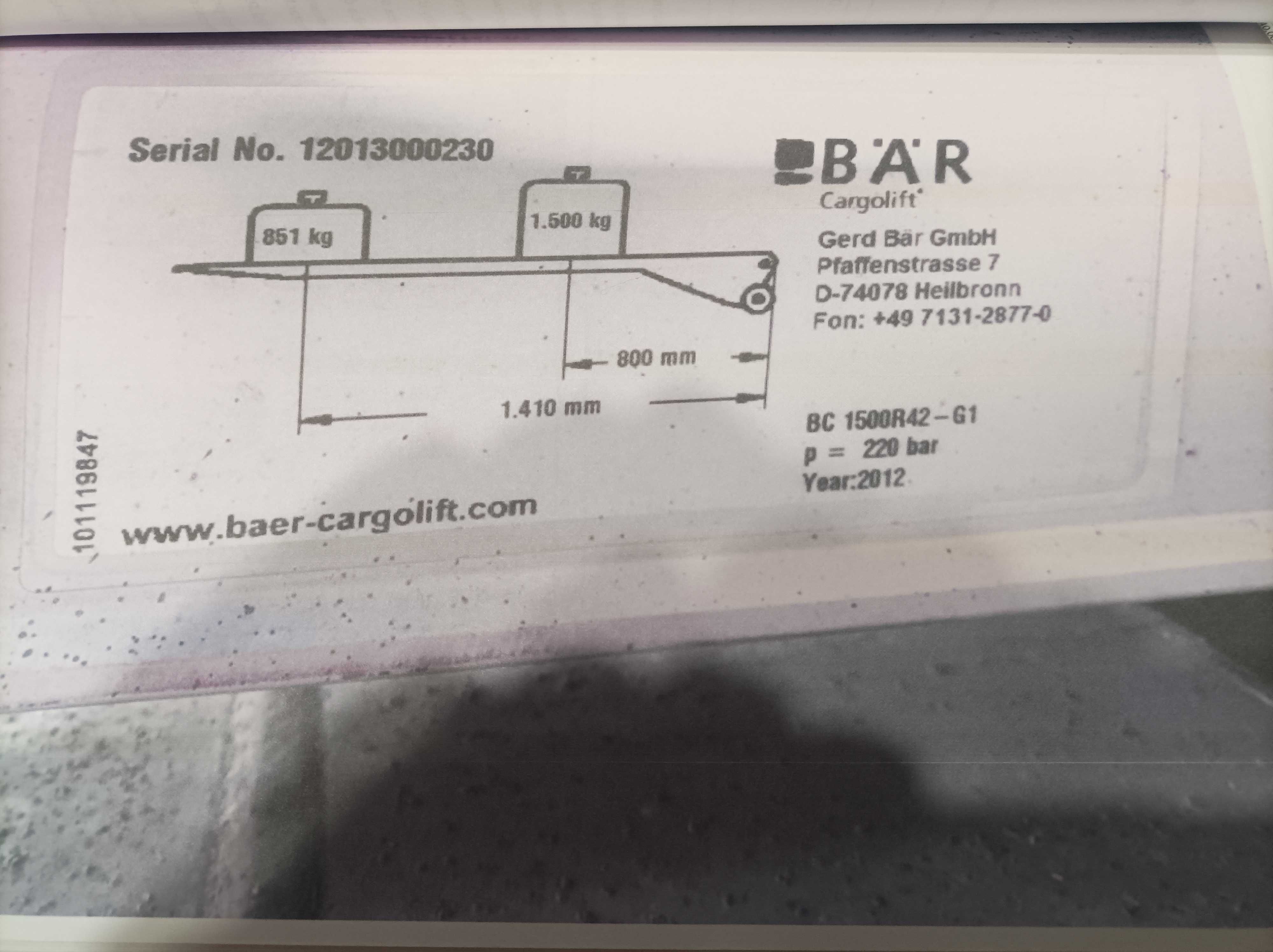 Podest ruchomy/hydrauliczna winda załadowcza Bär Cargolift