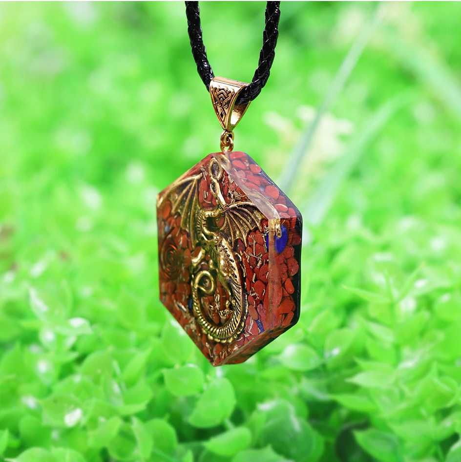Piękny Naszyjnik Wisior Amulet Orgonit Feniks Jaspis Miedź Lazuryt