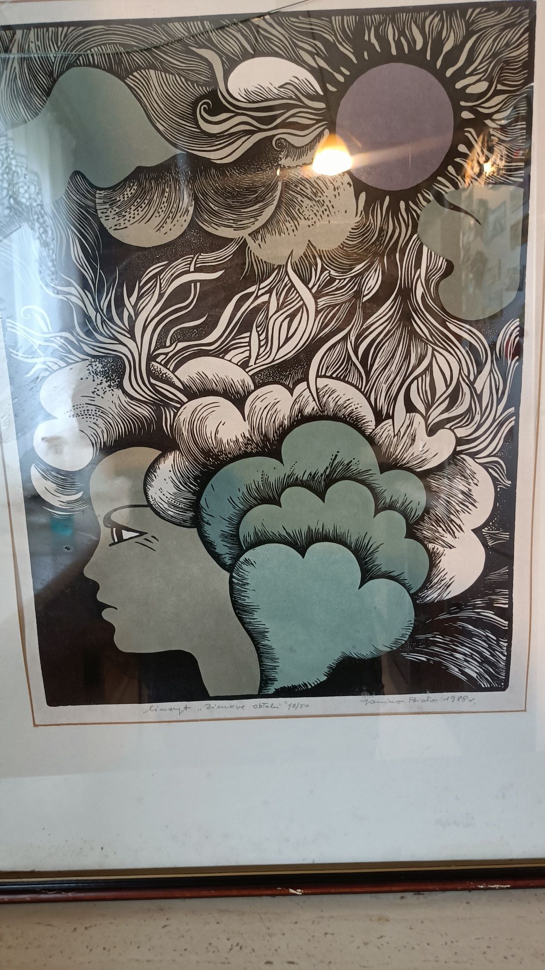 Linoryt "Zimowe Obłoki" Janina Biała 1988r.
