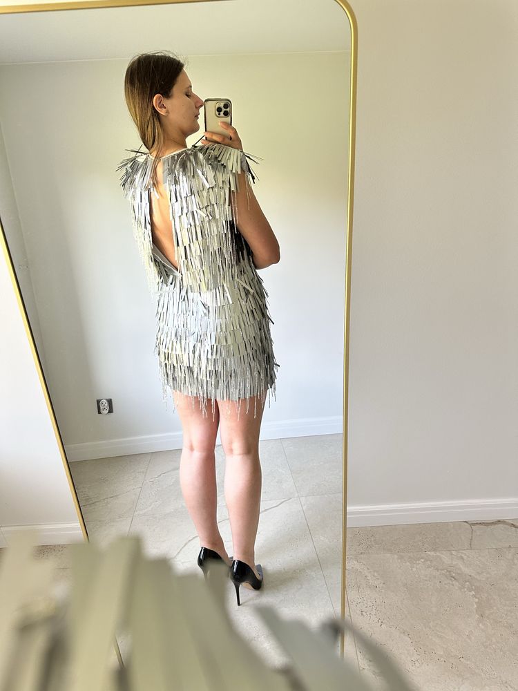 Sukienka mini srebrna z frędzlami ASOS  38 cekiny wesele impreza
