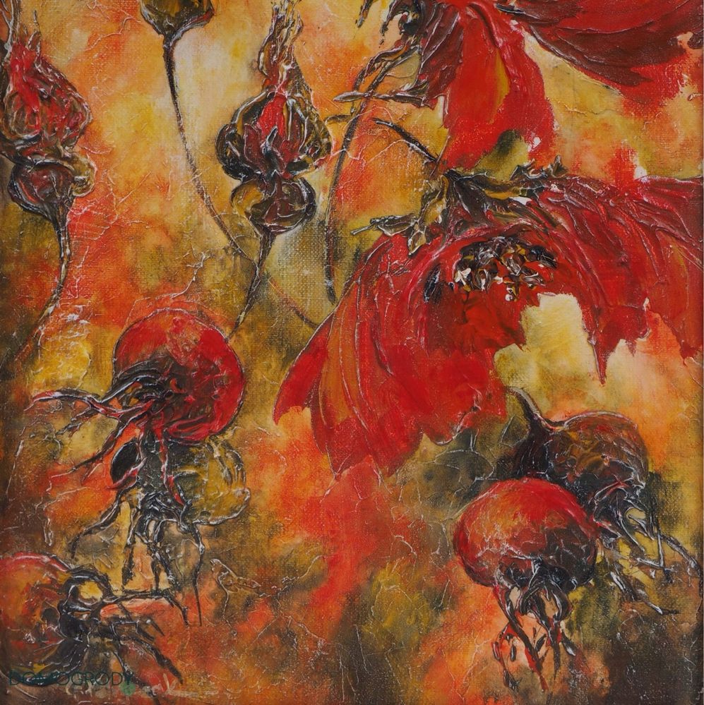 Obraz akryl na płótnie „Owoce dzikiej róży” Grażyna Petryszak 2010 r.
