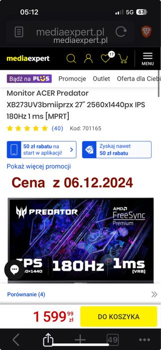 Monitor ACER Predator 27"  gamingowy, gwarancja, roczny