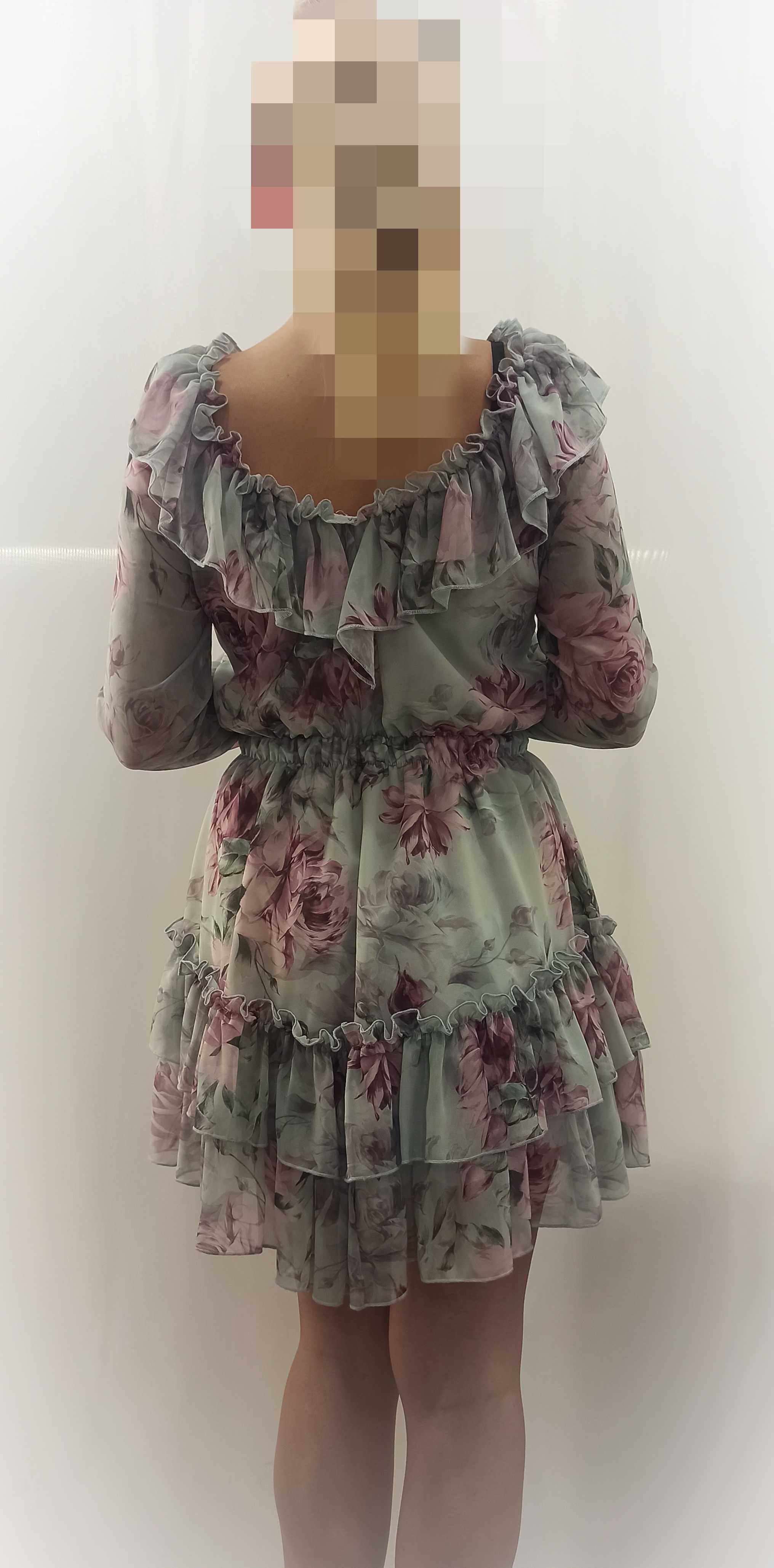 Sukienka hiszpanka błękit/róż, długi rękaw, rozm. uni XS-L, Excellece