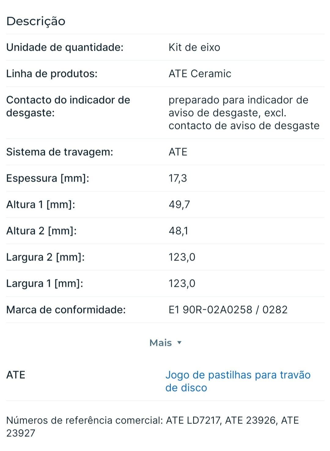 calços cerâmica ATE bmw frente e trás