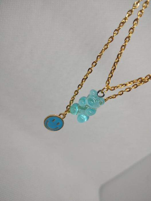 Łańcuszek z zawieszkami podwójny naszyjnik misie emotki błękit preppy
