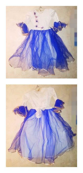 Плаття бальне р.60, синьо-біле, золотисто-чорне,  тюбетєйка, пасок.