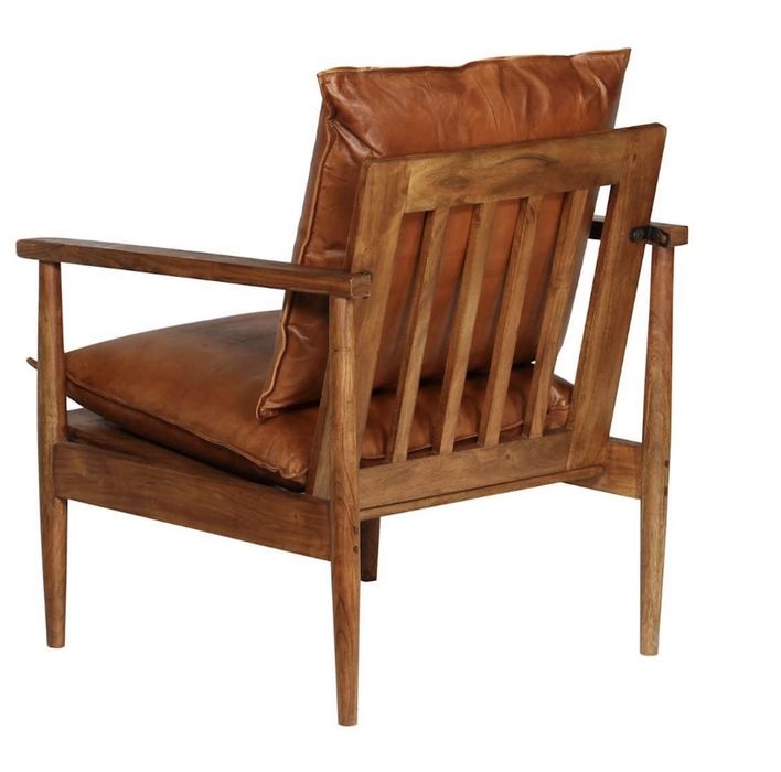 Fotel, brązowy, skóra naturalna i drewno akacjowe