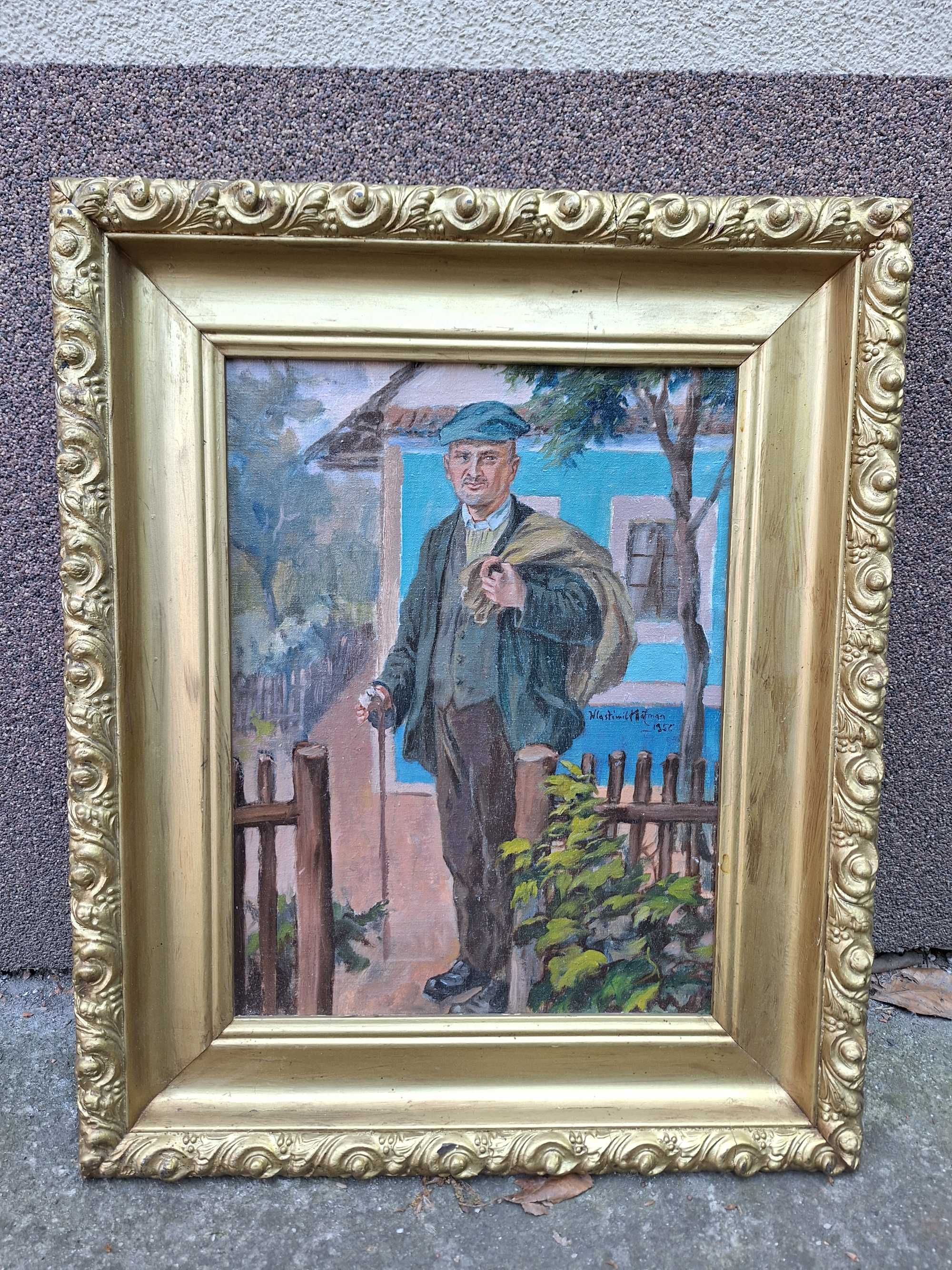 Portret na tle domu-obraz olejny