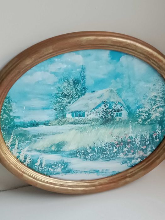 Obraz na ścianę plakat okrągły owalny w ramce ramie pejzaż zimowy zima