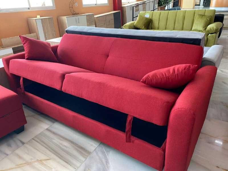 Sofá-cama vermelho + pufe, portes grátis
