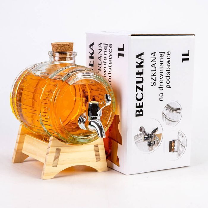 Beczka beczułka 1l szklana na whisky bimber + stojak