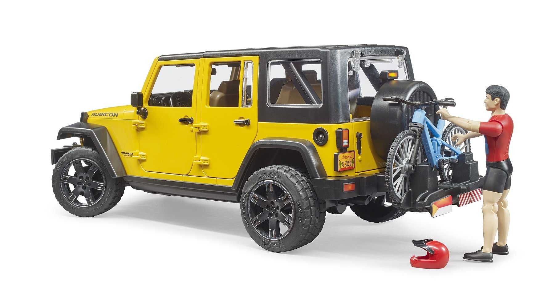 Bruder 02543 Jeep Wrangler Rubicon z rowerem górskim i rowerzystą