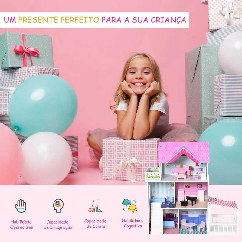 Casa de bonecas 3 andares com Pátio (inclui Mobília e acessórios)