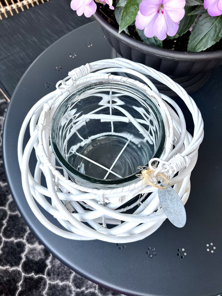 Lampion drewniany COUNTRYFIELD biały drewno loft szkło pleciony boho