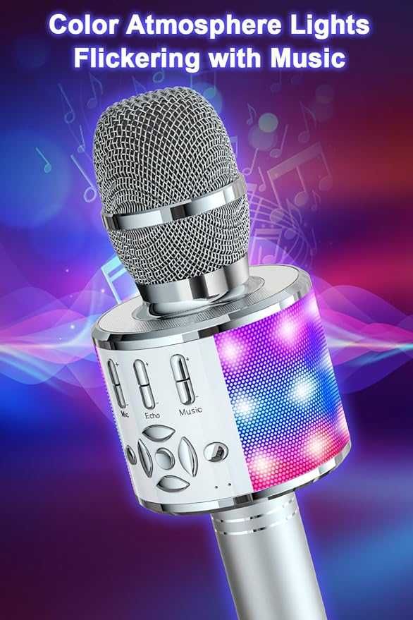 Mikrofon do karaoke Bluetooth echo LED głośnik iOS Android srebrny