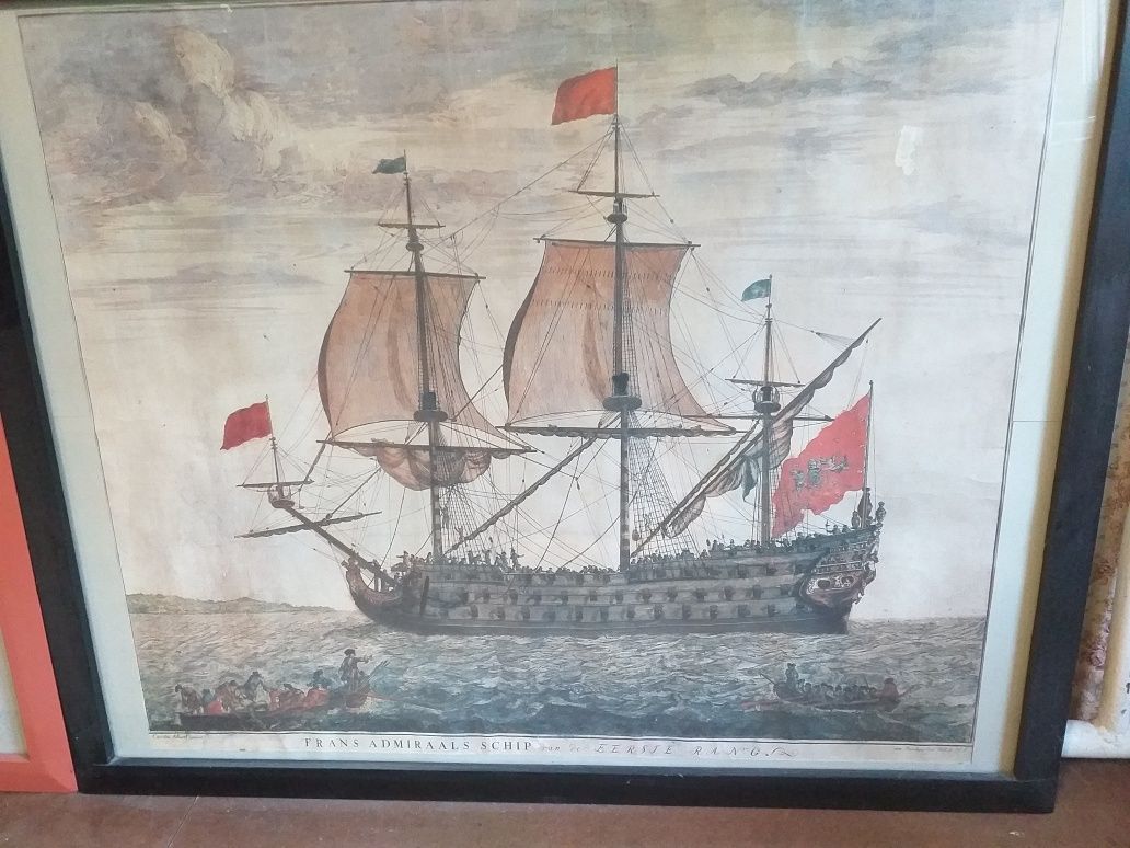 Duży plakat marynistyczny Francuski okręt Admirała.Oprawiony.