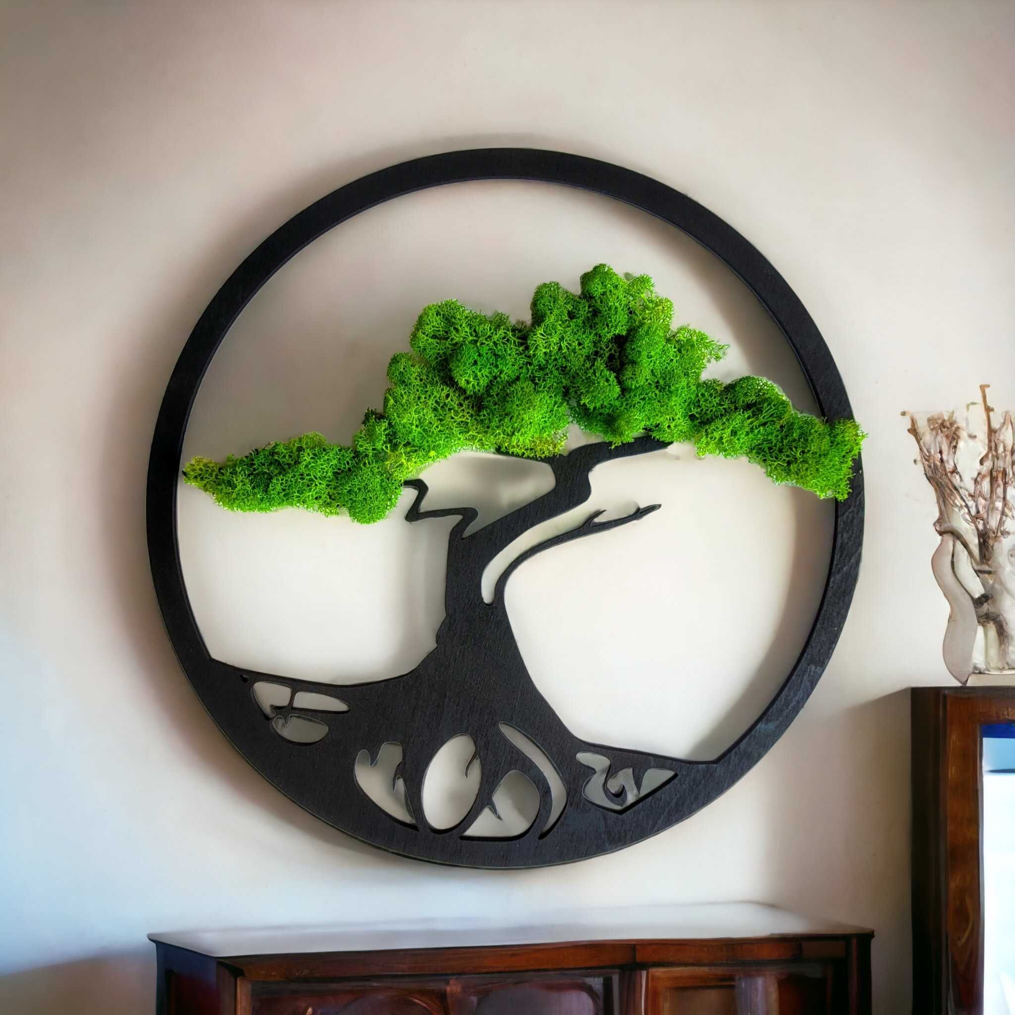 Obraz drzewo bonsai  mech chrobotek zielona dekoracja na prezent 48x48